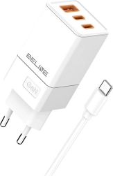 Chargeur secteur 65W GaN 2x USB‑C + USB‑A avec câble USB‑C – Blanc