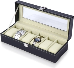 Zwarte horlogedoos met glazen deksel, 30,5 × 11,5 × 8 cm