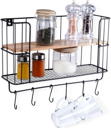 Mensola da parete per cucina con ganci 41 × 12 × 25,5 cm, metallo e legno
