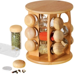 Drejet træ krydderistativ med 12 glas, 13-dels sæt