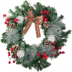 Božični venec s storži, rdečimi jagodami in karo pentljo 30 cm