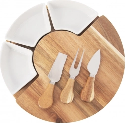 Rotating acacia cheese serving board with 3 bowls and 3 knives, 7-piece set