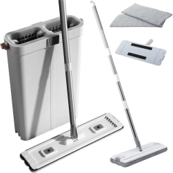 Schoonmaakset met vlakmop en tweekamer-emmer van microvezel