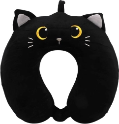Travel neck pillow croissant black cat