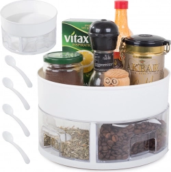 Rotating kitchen spice organizer with four compartments and spoons