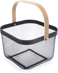 Cestino portaoggetti in metallo nero con manico in bamboo RADKA 27 × 24,5 × 17,5 cm
