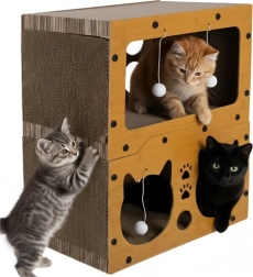 Purlov Cat Scratcher Two-Story House from HDF and Corrugated Cardboard 51.5 × 45.5 × 28 cm