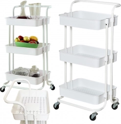 Pojízdný tříúrovňový kovový regál s hlubokými policemi – bílý