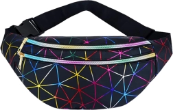 Unisex bæltetaske med holografisk geometrisk mønster, 3 lommer, justerbar rem