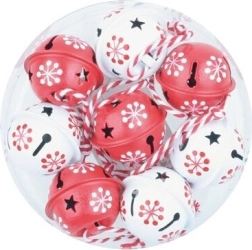 Printed jingle bells 3 cm, set of 8 – red and white