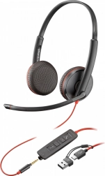 Headset POLY Blackwire 3225 USB‑C med USB‑A‑adapter og 3,5 mm