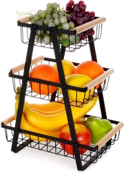Three-tier metal fruit stand with wooden handles, black