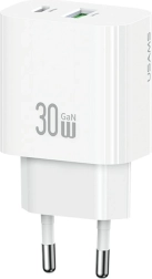 30W wall charger with 1× USB‑C and 1× USB‑A for fast charging, white