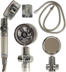 Stříbrná sprchová hlavice s turbínou a hadicí