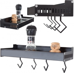 Wall-mounted aluminum spice shelf with hooks, black