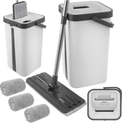 RUHHY Flat Mop with Dual-Chamber 11 L Bucket and 3 Microfiber Pads