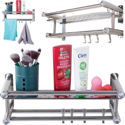 Koupelnová závěsná police s háčky a dvojitou tyčí na ručníky, hliník, stříbrná