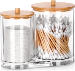 Organizer doppio per bastoncini di cotone e dischetti struccanti con coperchi in bambù