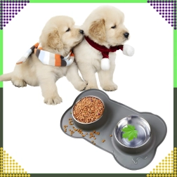 Double bowl for dogs and cats with non-slip silicone mat 2 × 450 ml, stainless steel