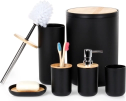 Black bathroom set 6 pcs with bamboo accents