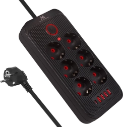 Multiprise noire avec rallonge, 6 prises schuko, 4x usb‑a et 1x usb‑c, 2500 w