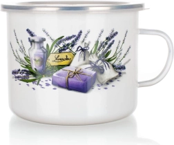 Enamel Mug Lavender 1.4 l with Plastic Lid, Diameter 14 cm