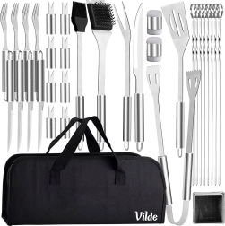 Set d’ustensiles de barbecue en acier inoxydable avec étui, 33 pièces