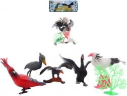 Zestaw plastikowych ptaszków z akcesoriami w woreczku