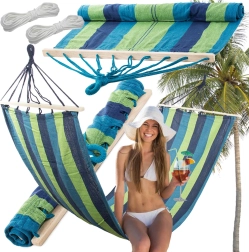 Kerti függőágy fa merevítéssel, csíkos, 200 × 80 cm