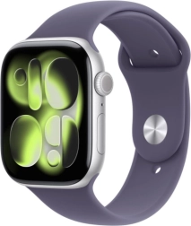 Apple Watch Series 11 GPS + Cellular 42 mm zilverkleurig aluminium met paars sportbandje S/M