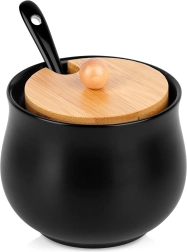 Sucrier noir en céramique avec couvercle en bambou et cuillère 250 ml