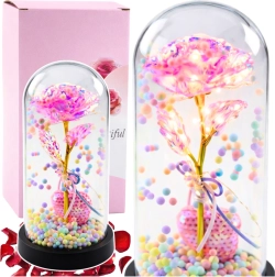 Evighedsrose under glaskuppel med LED-belysning, pink, med hjerte og farvede kugler