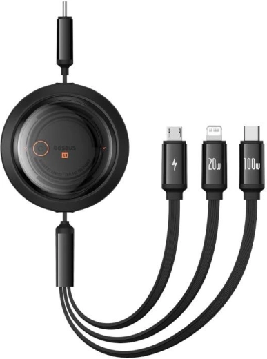 V izvlečni polnilni kabel 3v1 BASEUS Free2Draw USB‑C/Lightning/Micro 100 W, 1,1 m, črn