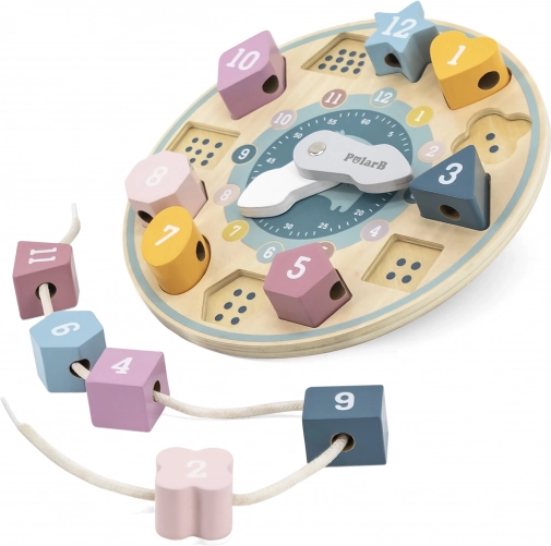 wooden educational clock POLARB with shape sorter and lacing