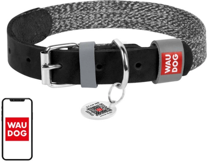 Leather collar made of natural leather and recycled cotton with a Waudog QR code for medium dogs – Black