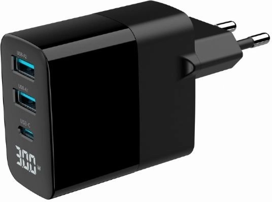 GaN 30 W wall charger with LCD, 2× USB‑A and 1× USB‑C, fast charging PD/QC 3.0, black
