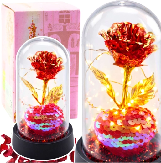 Crystal Eternal Red Rose in a Dome with LED Lighting and a Heart