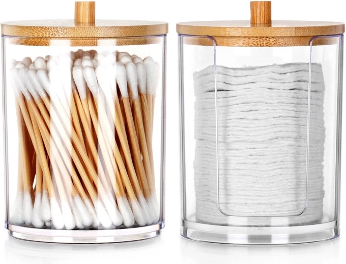 Set di barattoli per cotton fioc e dischetti struccanti, 2 pz, acrilico con coperchio in bambù