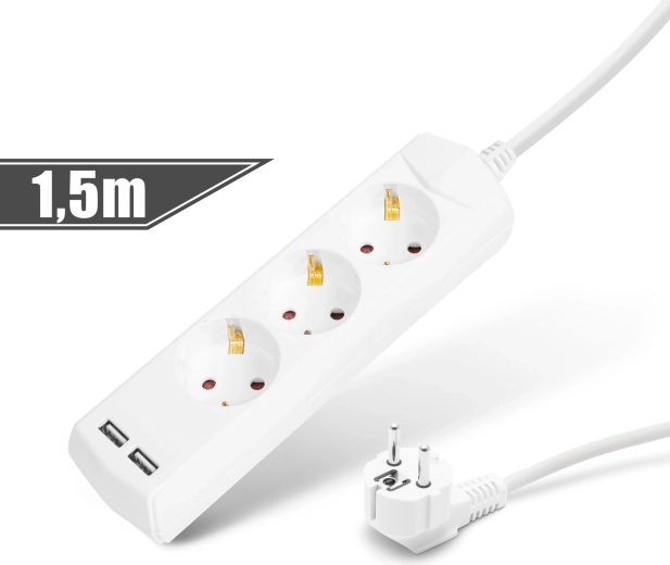 Prolunga con 3 prese e 2 porte USB, 1,5 m