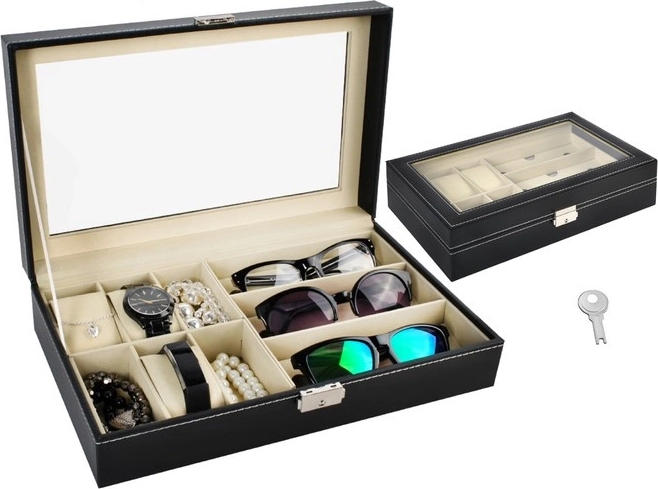 Black watch and glasses organizer with glass lid and lock