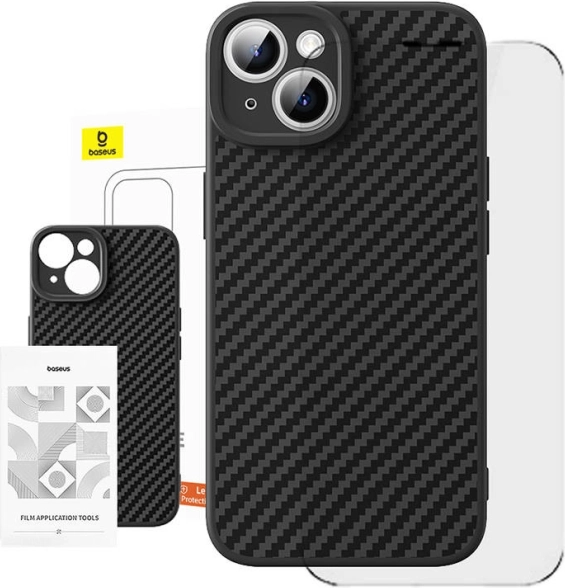 Pouzdro ze syntetických vláken Baseus pro iPhone 15 Plus s tvrzeným sklem