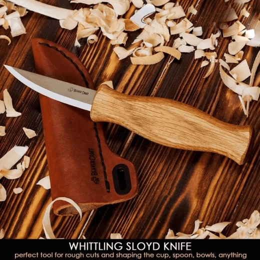 BeaverCraft C4S sloyd carving knife with oak handle and leather sheath