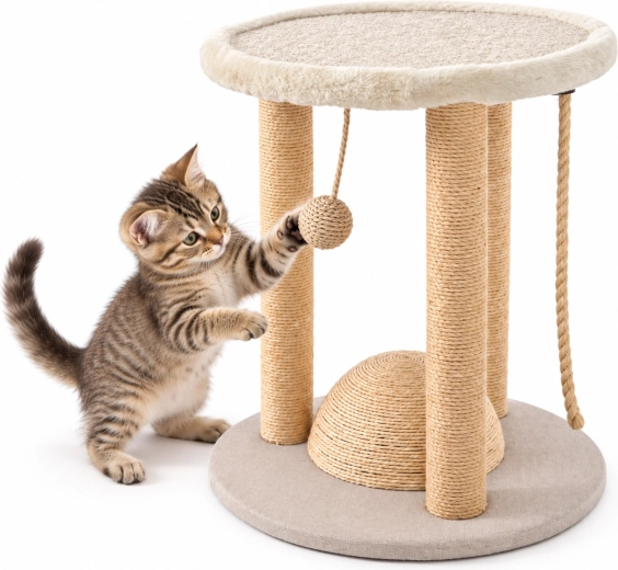 Beige cat scratching post with resting platform 40 × 40 × 44 cm