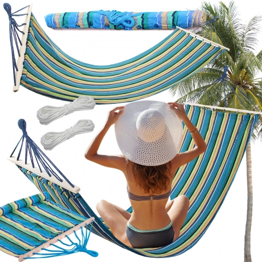 Amaca da giardino con barra in legno 200 × 80 cm, a righe, portata 150 kg