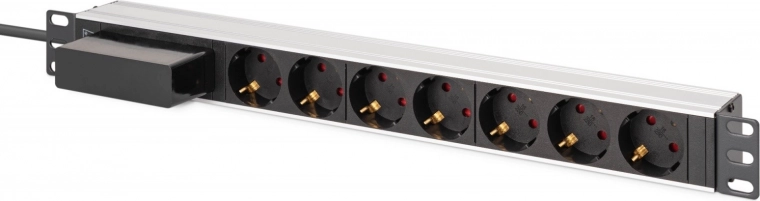 PDU rack 19" con interruttore e interruttore automatico C 16 A, 7x Schuko, cavo 1,8 m, alluminio