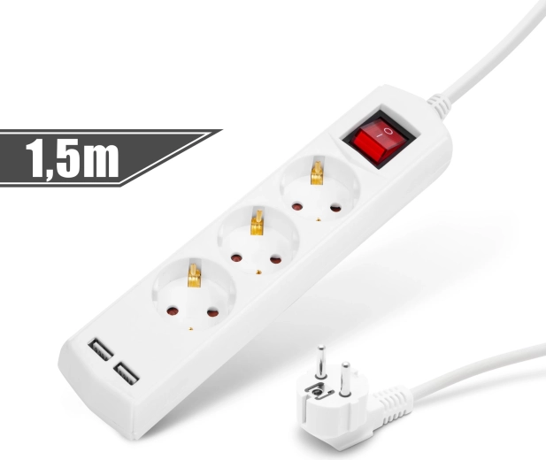 Cavo di prolunga con 3 prese, 2 porte USB e interruttore, 1,5 m