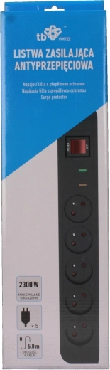 Energy surge-protected power strip with 5 sockets and a 5 m cable