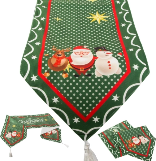 Karácsonyi asztali futó zöld, 205 × 35 cm, Mikulással, hóemberrel és rénszarvassal