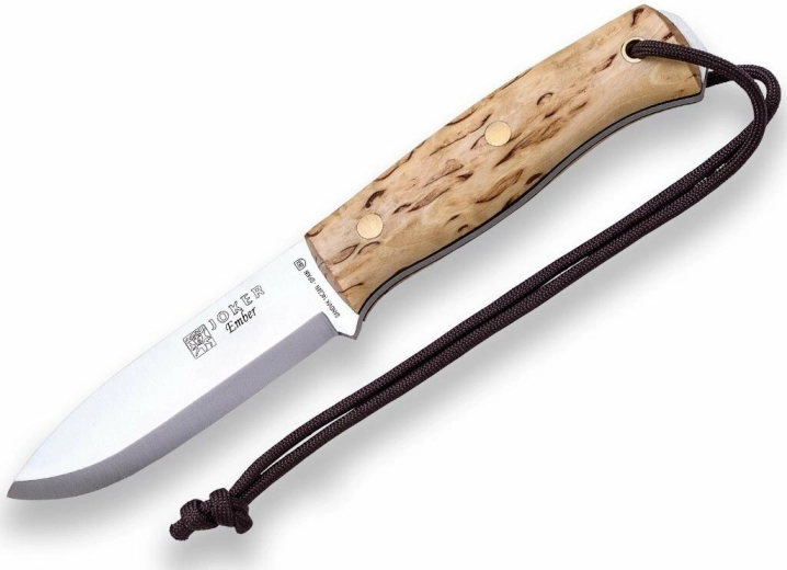 Outdoor Knife JOKER Ember 10.5 cm with Curly Birch Wood, Leather Sheath and Fire Starter