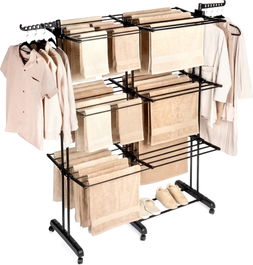 Metaltørrestativ til tøj XXL, sort, 3 niveauer, teleskopisk 75–135 × 66 × 180 cm